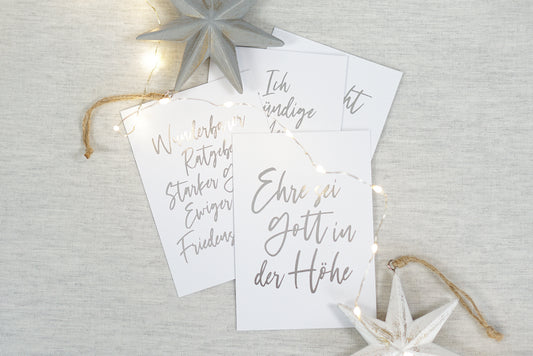 Set “Weihnachtsbotschaft” – 4 veredelte Karten (silber)